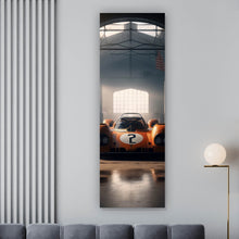 Lade das Bild in den Galerie-Viewer, Aluminiumbild Klassischer Rennwagen in verlassener Halle Panorama Hoch