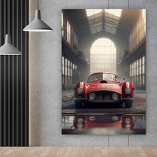 Lade das Bild in den Galerie-Viewer, Leinwandbild Klassischer roter Sportwagen in industrieller Halle Hochformat
