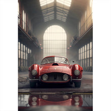 Lade das Bild in den Galerie-Viewer, Spannrahmenbild Klassischer roter Sportwagen in industrieller Halle Hochformat