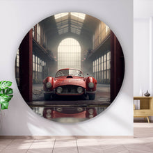 Lade das Bild in den Galerie-Viewer, Aluminiumbild Klassischer roter Sportwagen in industrieller Halle Kreis