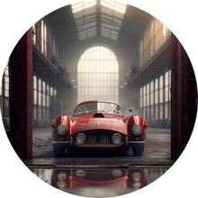 Lade das Bild in den Galerie-Viewer, Aluminiumbild gebürstet Klassischer roter Sportwagen in industrieller Halle Kreis