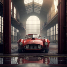 Lade das Bild in den Galerie-Viewer, Spannrahmenbild Klassischer roter Sportwagen in industrieller Halle Quadrat