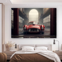 Lade das Bild in den Galerie-Viewer, Aluminiumbild Klassischer roter Sportwagen in industrieller Halle Querformat
