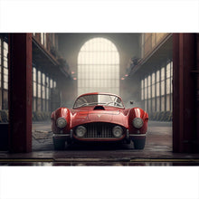 Lade das Bild in den Galerie-Viewer, Spannrahmenbild Klassischer roter Sportwagen in industrieller Halle Querformat