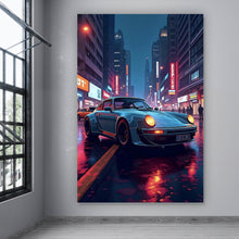 Lade das Bild in den Galerie-Viewer, Aluminiumbild Klassischer Sportwagen in nächtlicher neonbeleuchteter Stadtstraße Hochformat