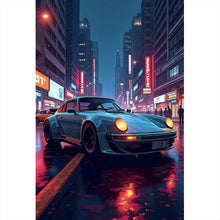 Lade das Bild in den Galerie-Viewer, Leinwandbild Klassischer Sportwagen in nächtlicher neonbeleuchteter Stadtstraße Hochformat