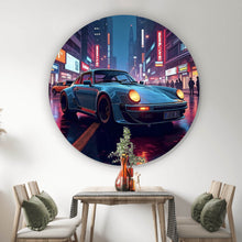 Lade das Bild in den Galerie-Viewer, Aluminiumbild Klassischer Sportwagen in nächtlicher neonbeleuchteter Stadtstraße Kreis