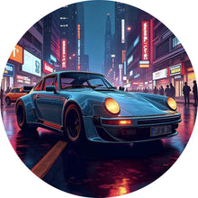 Lade das Bild in den Galerie-Viewer, Aluminiumbild Klassischer Sportwagen in nächtlicher neonbeleuchteter Stadtstraße Kreis