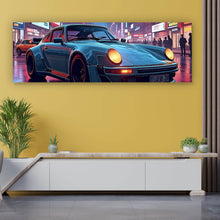 Lade das Bild in den Galerie-Viewer, Leinwandbild Klassischer Sportwagen in nächtlicher neonbeleuchteter Stadtstraße Panorama
