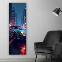 Lade das Bild in den Galerie-Viewer, Spannrahmenbild Klassischer Sportwagen in nächtlicher neonbeleuchteter Stadtstraße Panorama Hoch