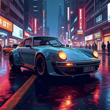 Lade das Bild in den Galerie-Viewer, Spannrahmenbild Klassischer Sportwagen in nächtlicher neonbeleuchteter Stadtstraße Quadrat