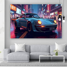 Lade das Bild in den Galerie-Viewer, Aluminiumbild Klassischer Sportwagen in nächtlicher neonbeleuchteter Stadtstraße Querformat
