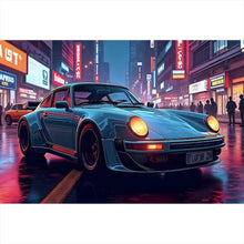 Lade das Bild in den Galerie-Viewer, Leinwandbild Klassischer Sportwagen in nächtlicher neonbeleuchteter Stadtstraße Querformat