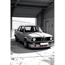 Lade das Bild in den Galerie-Viewer, Leinwandbild Klassischer Wagen in einer schattigen Garageneinfahrt Hochformat