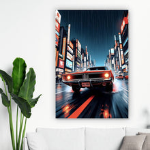 Lade das Bild in den Galerie-Viewer, Aluminiumbild Klassisches Auto fährt durch neonbeleuchtete Großstadt bei Regen Hochformat