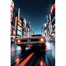 Lade das Bild in den Galerie-Viewer, Aluminiumbild Klassisches Auto fährt durch neonbeleuchtete Großstadt bei Regen Hochformat