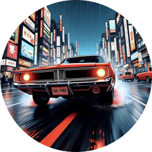 Lade das Bild in den Galerie-Viewer, Aluminiumbild gebürstet Klassisches Auto fährt durch neonbeleuchtete Großstadt bei Regen Kreis