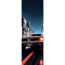 Lade das Bild in den Galerie-Viewer, Spannrahmenbild Klassisches Auto fährt durch neonbeleuchtete Großstadt bei Regen Panorama Hoch