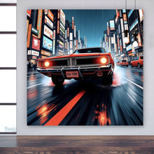 Lade das Bild in den Galerie-Viewer, Aluminiumbild Klassisches Auto fährt durch neonbeleuchtete Großstadt bei Regen Quadrat