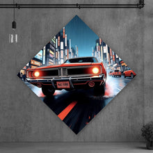Lade das Bild in den Galerie-Viewer, Poster Klassisches Auto fährt durch neonbeleuchtete Großstadt bei Regen Raute
