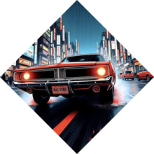 Lade das Bild in den Galerie-Viewer, Poster Klassisches Auto fährt durch neonbeleuchtete Großstadt bei Regen Raute