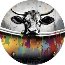 Lade das Bild in den Galerie-Viewer, Aluminiumbild gebürstet Kuh in bunter Badewanne Kreis