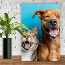 Lade das Bild in den Galerie-Viewer, Aluminiumbild Lachende Tiere vor blauen Hintergrund Hochformat