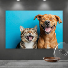 Lade das Bild in den Galerie-Viewer, Acrylglasbild Lachende Tiere vor blauen Hintergrund Querformat
