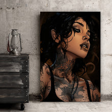 Lade das Bild in den Galerie-Viewer, Acrylglasbild Lazive Frau mit Tätowierungen Hochformat