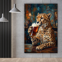 Lade das Bild in den Galerie-Viewer, Acrylglasbild Leopard genießt Bier in rustikalem Ambiente Hochformat