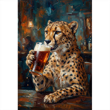 Lade das Bild in den Galerie-Viewer, Acrylglasbild Leopard genießt Bier in rustikalem Ambiente Hochformat