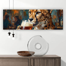 Lade das Bild in den Galerie-Viewer, Leinwandbild Leopard genießt Bier in rustikalem Ambiente Panorama
