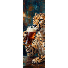 Lade das Bild in den Galerie-Viewer, Aluminiumbild Leopard genießt Bier in rustikalem Ambiente Panorama Hoch