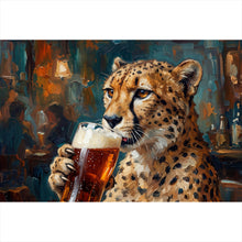 Lade das Bild in den Galerie-Viewer, Aluminiumbild Leopard genießt Bier in rustikalem Ambiente Querformat