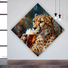 Lade das Bild in den Galerie-Viewer, Aluminiumbild Leopard genießt Bier in rustikalem Ambiente Raute