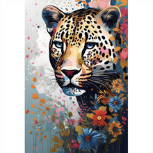 Lade das Bild in den Galerie-Viewer, Aluminiumbild Leopardenkopf in Blumenkomposition Hochformat