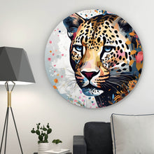 Lade das Bild in den Galerie-Viewer, Aluminiumbild gebürstet Leopardenkopf in Blumenkomposition Kreis