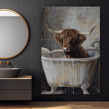 Lade das Bild in den Galerie-Viewer, Acrylglasbild Lesendes Hochland Rind in der Badewanne Hochformat