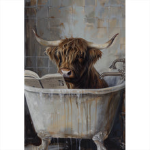 Lade das Bild in den Galerie-Viewer, Acrylglasbild Lesendes Hochland Rind in der Badewanne Hochformat