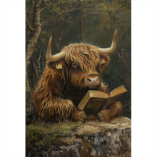 Lade das Bild in den Galerie-Viewer, Acrylglasbild Lesendes Hochlandrind im Wald Hochformat