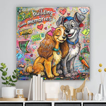 Lade das Bild in den Galerie-Viewer, Aluminiumbild gebürstet Liebevolles Hundepaar Graffiti mit Spruch Quadrat
