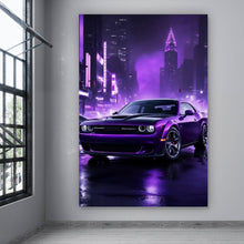 Lade das Bild in den Galerie-Viewer, Spannrahmenbild Lila Sportwagen in neonbeleuchteter Stadt bei Nacht Hochformat
