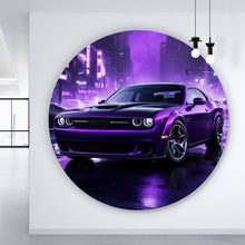 Lade das Bild in den Galerie-Viewer, Aluminiumbild gebürstet Lila Sportwagen in neonbeleuchteter Stadt bei Nacht Kreis