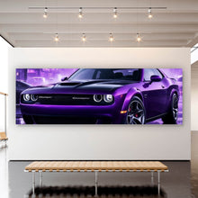 Lade das Bild in den Galerie-Viewer, Acrylglasbild Lila Sportwagen in neonbeleuchteter Stadt bei Nacht Panorama