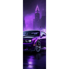 Lade das Bild in den Galerie-Viewer, Aluminiumbild Lila Sportwagen in neonbeleuchteter Stadt bei Nacht Panorama Hoch