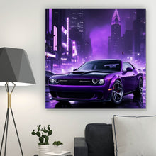 Lade das Bild in den Galerie-Viewer, Acrylglasbild Lila Sportwagen in neonbeleuchteter Stadt bei Nacht Quadrat