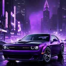 Lade das Bild in den Galerie-Viewer, Acrylglasbild Lila Sportwagen in neonbeleuchteter Stadt bei Nacht Quadrat