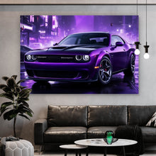 Lade das Bild in den Galerie-Viewer, Acrylglasbild Lila Sportwagen in neonbeleuchteter Stadt bei Nacht Querformat