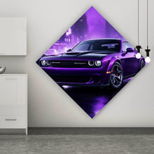 Lade das Bild in den Galerie-Viewer, Aluminiumbild Lila Sportwagen in neonbeleuchteter Stadt bei Nacht Raute