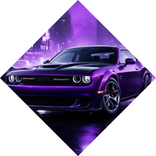 Lade das Bild in den Galerie-Viewer, Acrylglasbild Lila Sportwagen in neonbeleuchteter Stadt bei Nacht Raute